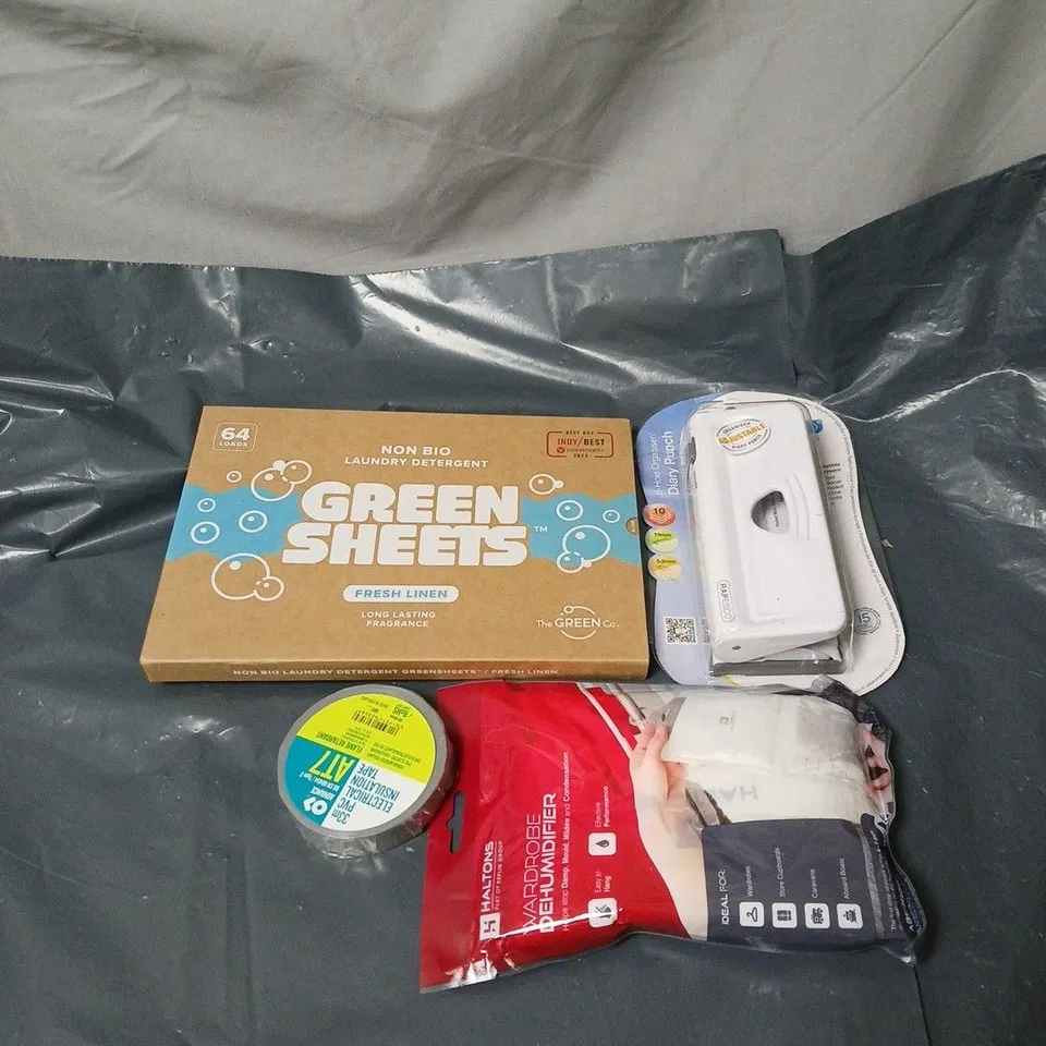 APPROXIMATELY 15 ASSORTED HOUSEHOLD ITEMS TO INCLUDE WARDROBE DEHUMIDIFIER, NON BIO LAUNDRY SHEETS, INSULATION TAPE, 6 HOLE DIARY PUNCH ETC