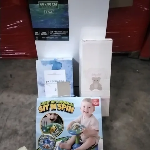 PALLET OF HOUSEHOLD ITEMS TO INCLUDE STRECHED CANVAS,ALKALINE WATER COUNTERTOP UNIT,BABY DOLLL,LIGHT UP MUSICAL SIT N SPIN AND OTHER ASSORTED ITEMS...