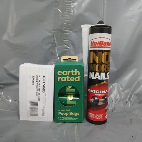 APPROXIMATELY 10 ASSORTED HOUSEHOLD ITEMS TO INCLUDE NO MORE NAILS, POOP BAGS, ETC