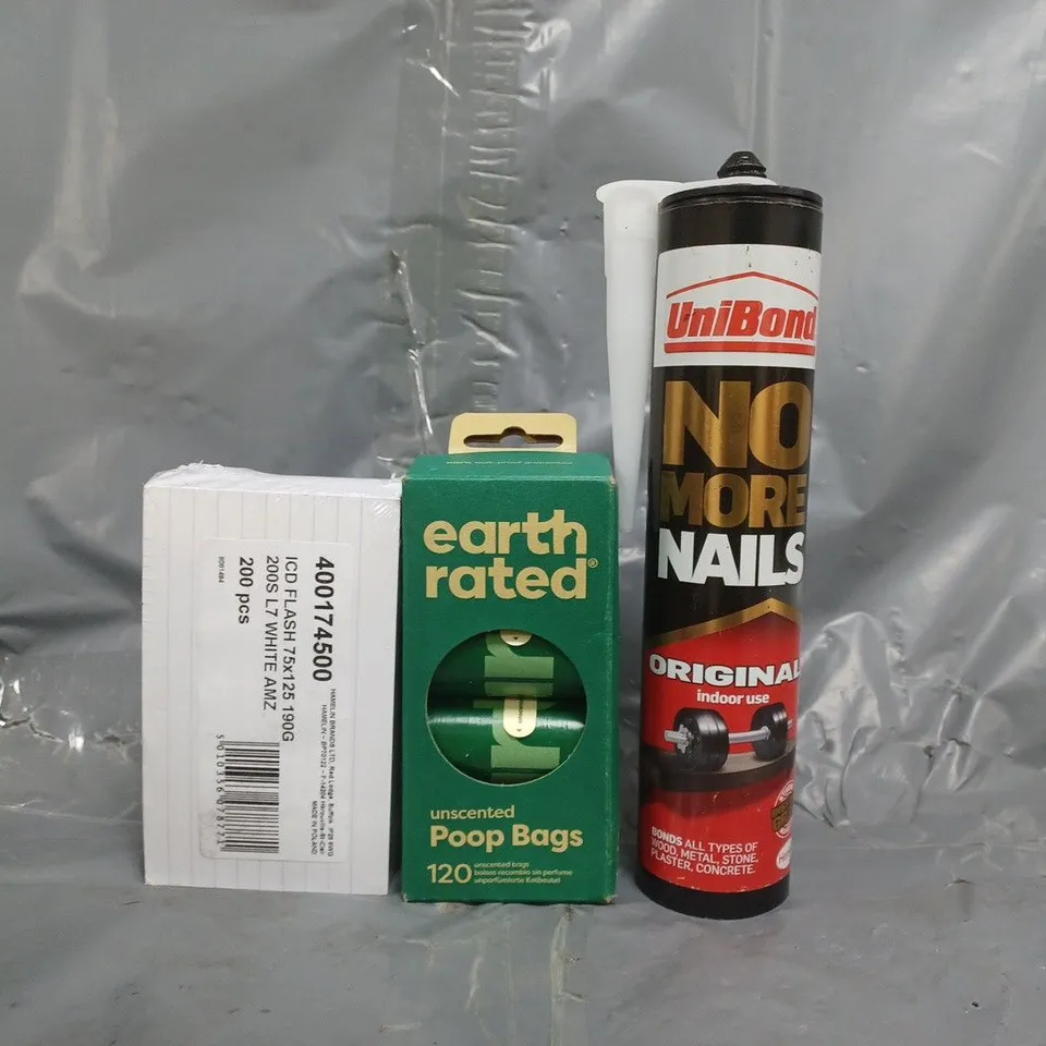 APPROXIMATELY 10 ASSORTED HOUSEHOLD ITEMS TO INCLUDE NO MORE NAILS, POOP BAGS, ETC