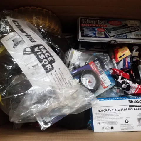 BOX CONTAINING ASSORTED SCRAP ITEMS INCLUDING MOTOR CYCLE CHAIN BREAKER, AIRLINE TYRE PUMP WITH PRESSURE GAUGE, HAND RIVETER KIT & FACE VISOR