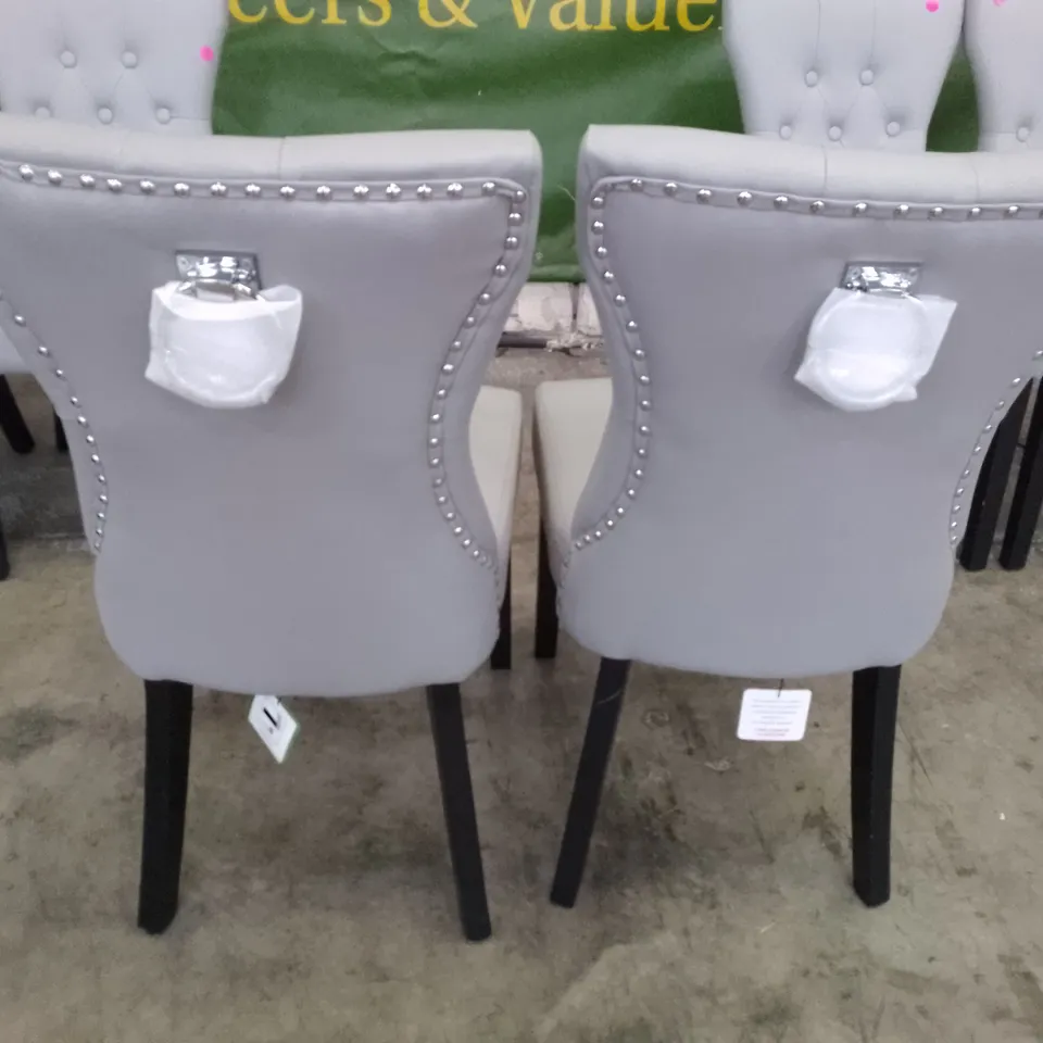 SET OF 6 NEW BEWLEY LIGHT GREY LEATHER BUTTON BACK DINING CHAIRS (BLACK LEG)