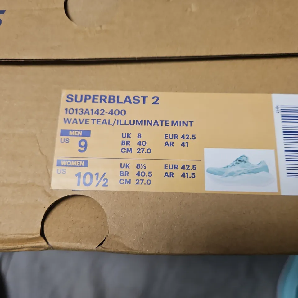 BOXED ASICS SUPERBLAST 2 RUNNING SHOES – WAVE TEAL/ILLUMINATE MINT, BOXED (UK 8 MEN / US 9)