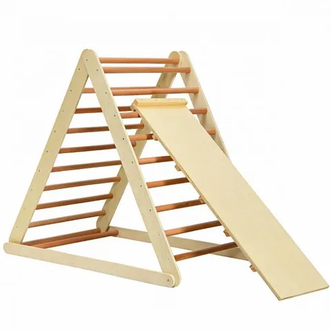 BOXED COSTWAY WOODEN CLIMBING LADDER WITH RAMP FOR KINDERGARTEN OR HOME - NATURAL