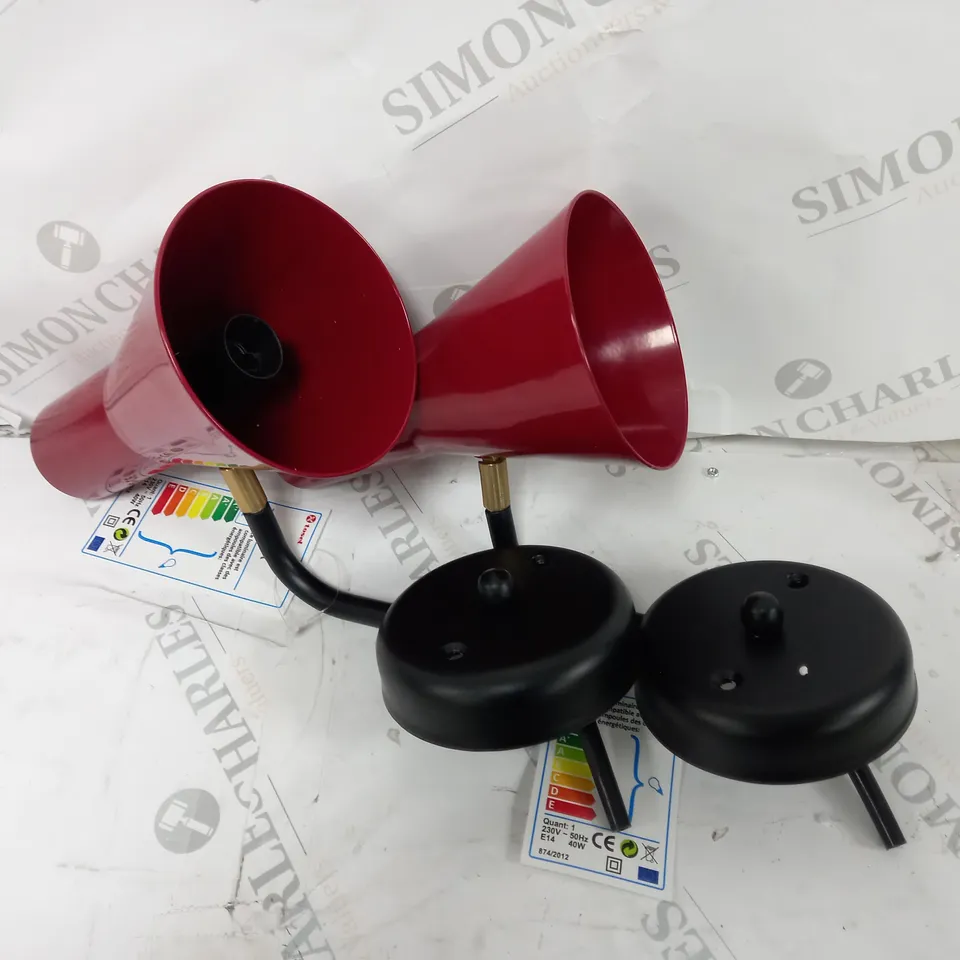 BOXED SET OF 2 MERCURY ROW RED METAL 1 LIGHT ARMED WALL SCONCE CONE SHAPED SHADE 