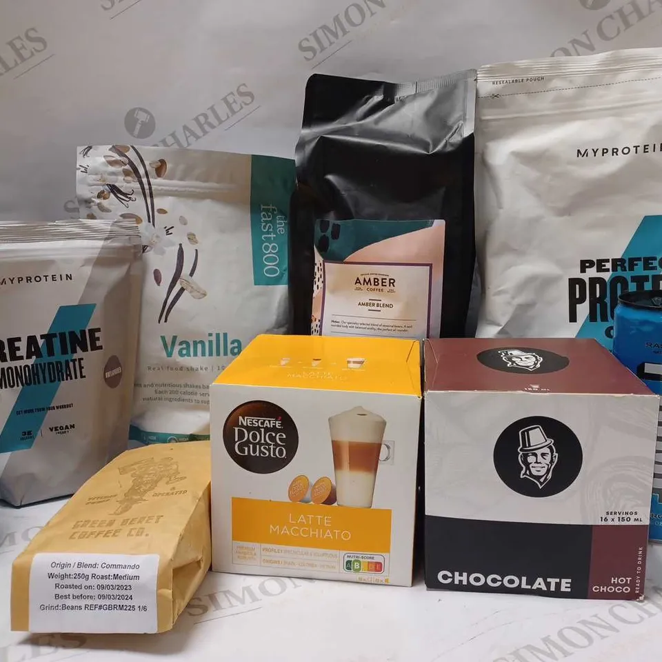 LOT OF APPROX 8 ASSORTED ITEMS TO INCLUDE MYPROTEIN UNFLAVOURED CREATINE, PRIME BLUE RASPBERRY ENERGY DRINK, NESCAFE DOLCE GUSTO LATTE MACCHIATO PODS, ETC 