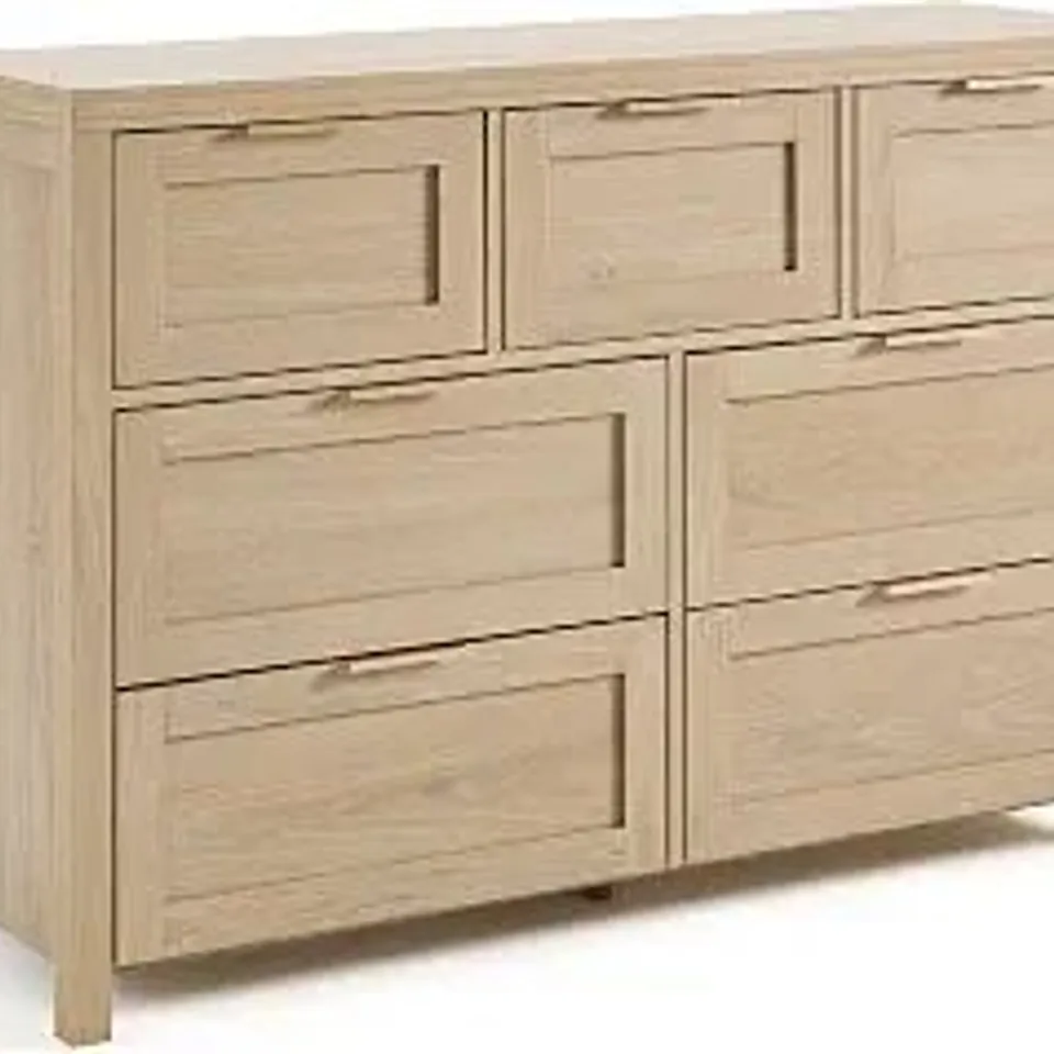 BOXED OAKHAM HOME 47" 7-DRAWER DRESSER, METAL HANDLES, BEDROOM, LIGHT OAK