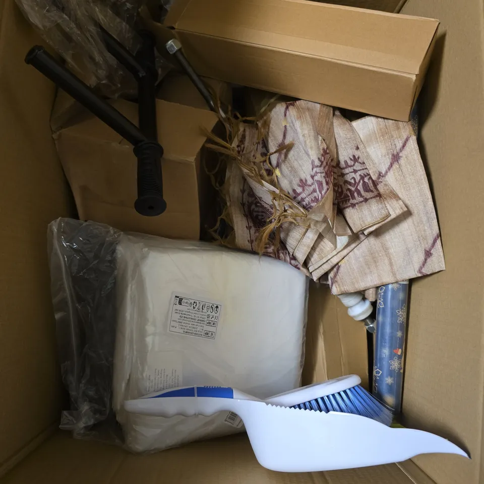 BOX OF APPROXIMATELY 10 ASSORTED HOUSEHOLD ITEMS TO INCLUDE - PLAIN EXERCISE BOOKS - DECORATIVE FABRIC - DECORATIVE FLOWERS - ETC