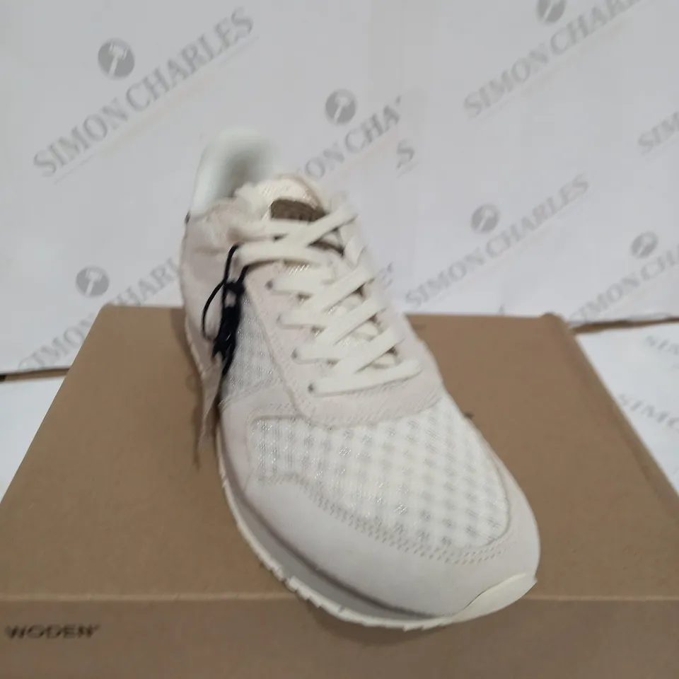 BOXED WODEN WHITE TRAINERS SUEDE - SIZE UK 8