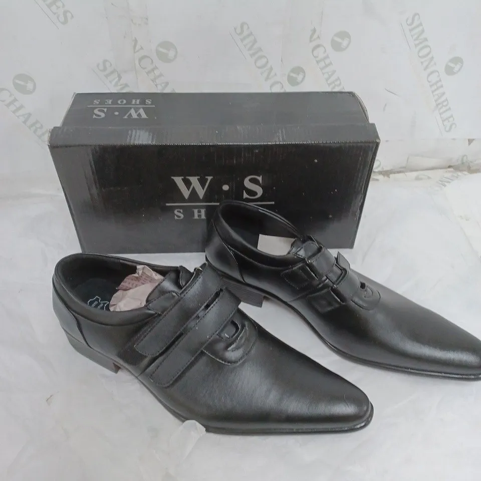 LARGE BOX OF APPROXIMATELY 10 BOXED W.S VERO BLACK VELCRO SUIT SHOES IN VARIOUS SIZES 