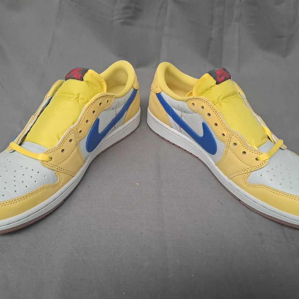 BOXED PAIR OF NIKE TRAVIS SCOTT AIR JORDAN SHOES IN YELLOW/GREY/BLUE UK SIZE 9