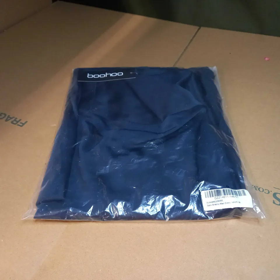 PACKAGED BOOHOO NAVY SATIN STRAPPY MAXI DRESS - SIZE 18