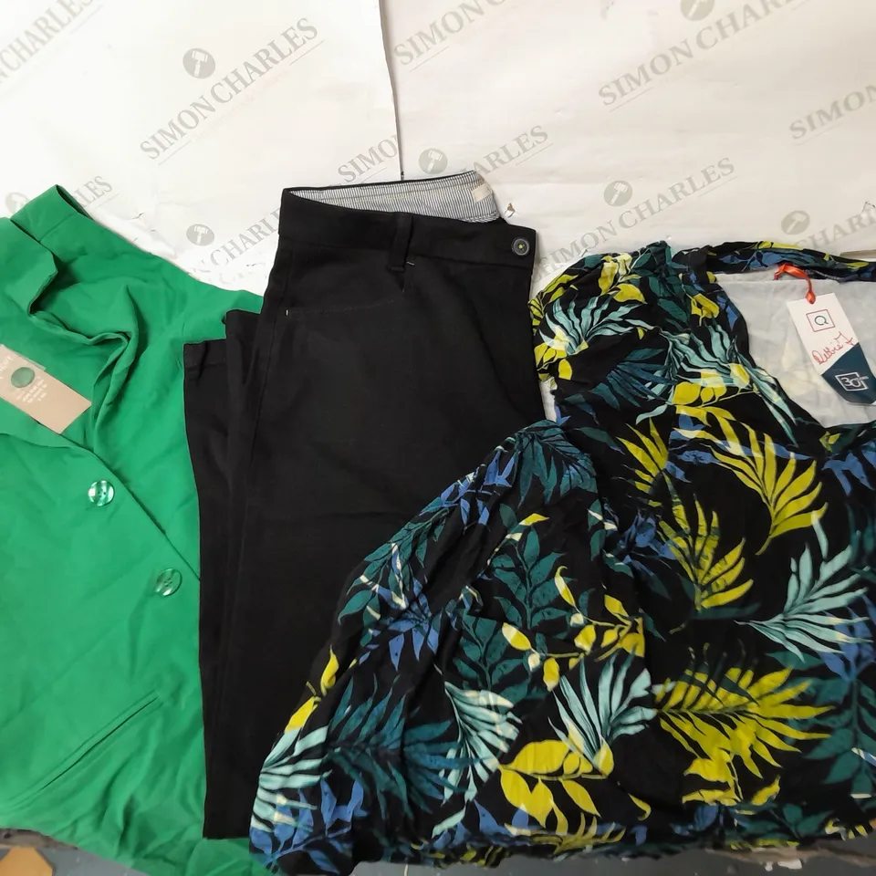 A BOX OF 10 VARIOUS CLOTHING ITEMS TO INCLUDE A GREEN APRICOT DRESS A PAIR OF BLACK TROUSERS AND A FLOWER DESIGN THIN TOP 