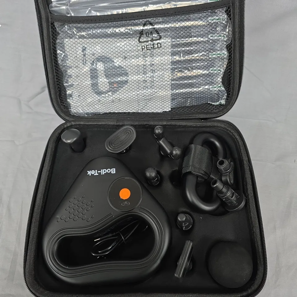 BODI-TEK SPORTS PERCUSSION MASSAGE GUN – BOXED WITH CASE AND ATTACHMENTS