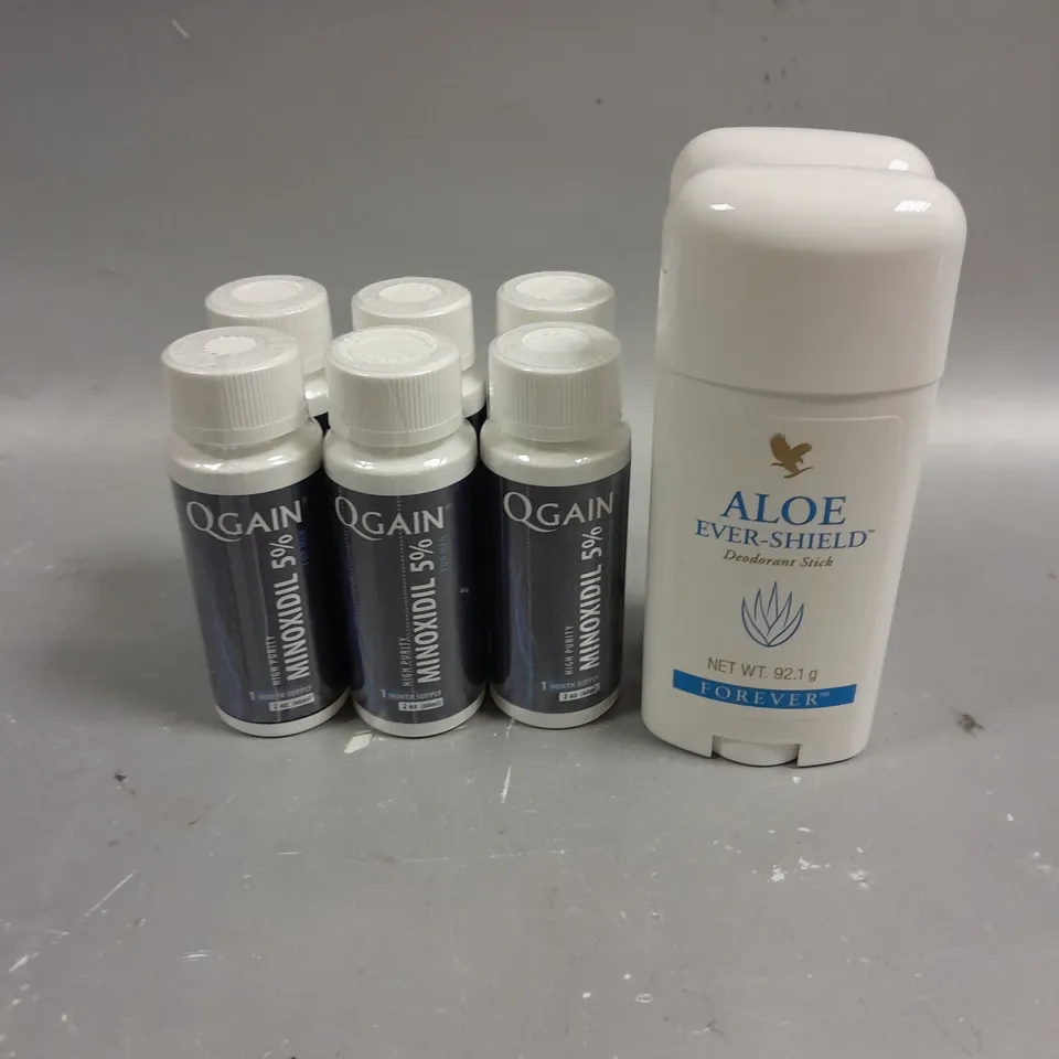 LOT OF APPROX 5 ASSORTED HEALTH AND BEAUTY PRODUCTS TO INLCUDE ALOE EVER SHIELD DEODRANT STICK (92.1G) AND QGAIN 5% MINOXIDIL TOPICAL SOLUTION (60ML).