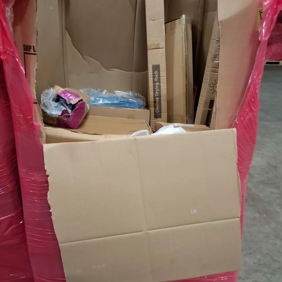 PALLET OF ASSORTED HOUSEHOLD ITEMS TO INCLUDE ULTRASONIC CLEANER, STORAGE UNIT AND CLOTHES DRYING RACK