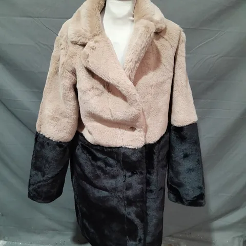 APRICOT SUEDE/FUR COAT IN CAMEL/BLACK - SIZE 10