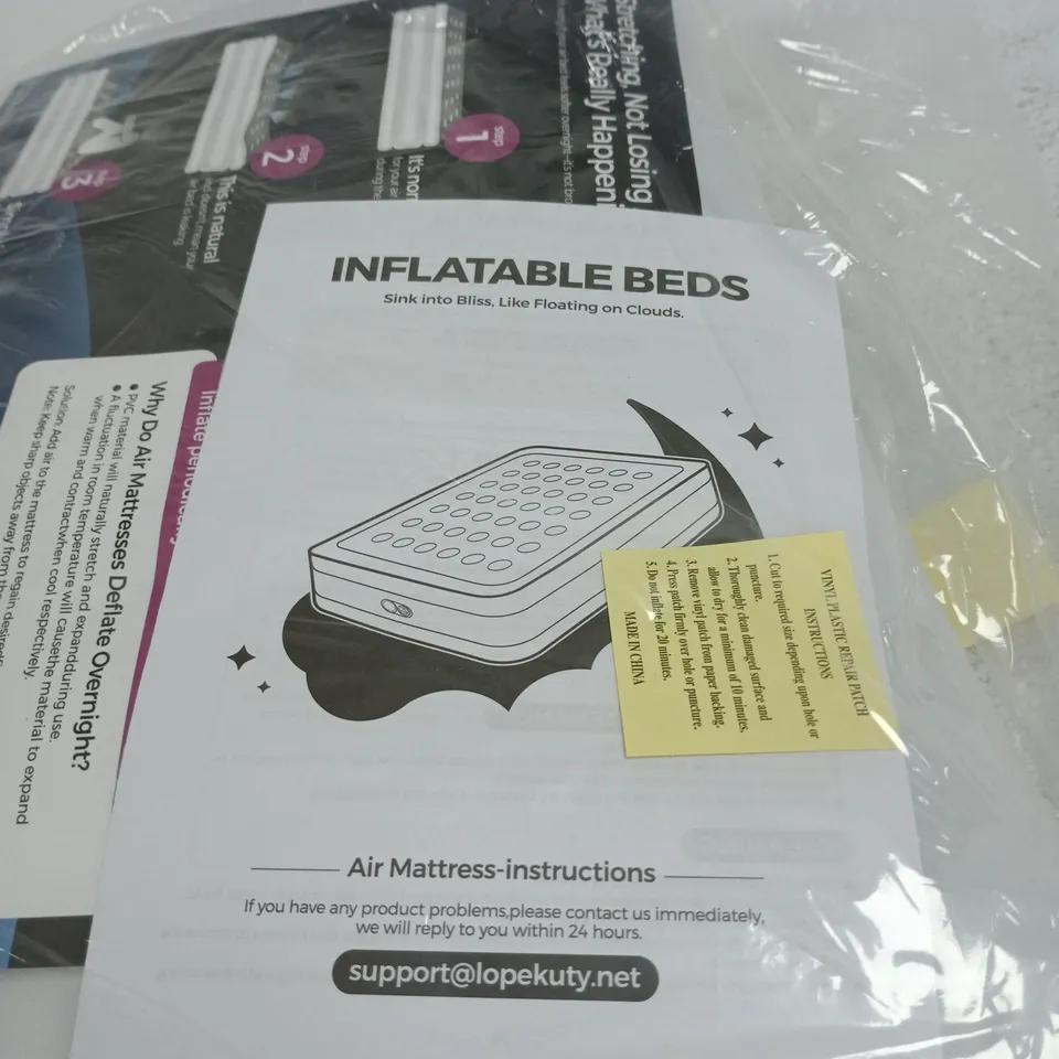 INFLATABLE AIR MATTRESS BED – UNBRANDED, IN PLASTIC PACKAGING