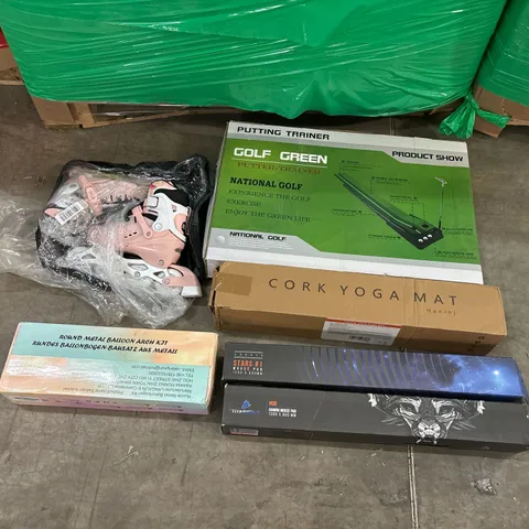 PALLET OF ASSORTED CONSUMER PRODUCTS TO INCLUDE: GOLF GREEN PUTTER TRAINERS, CORK YOGA MAT,ROLLER BLADES, ROUND METAL BALLOON ARCH KIT, GAMING MOUSE PAD ECT