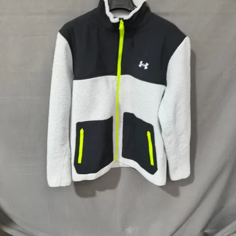 UNDER ARMOUR FLEECE JACKET – BLACK/GREY WITH NEON YELLOW ZIP, SHERPA-LINED (MEN'S) LARGE 