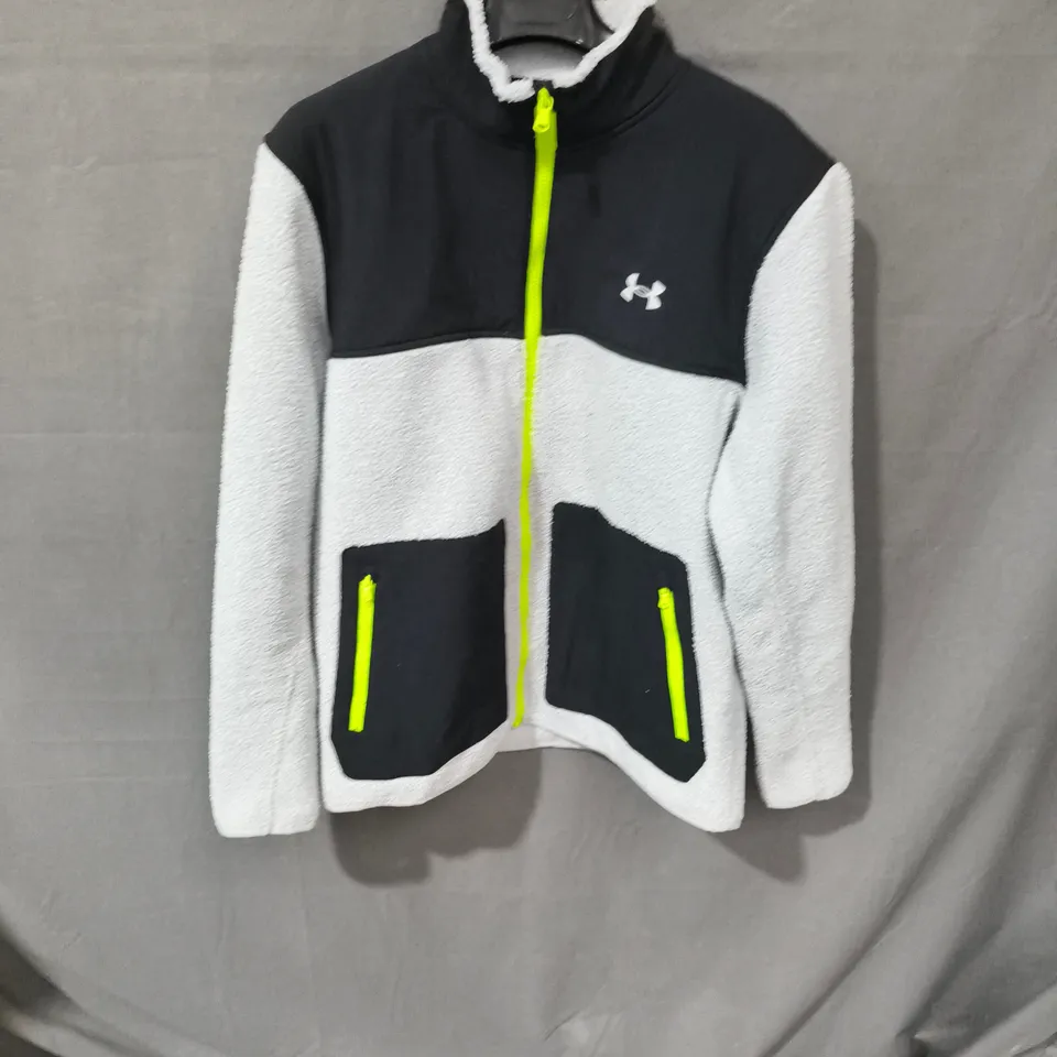 UNDER ARMOUR FLEECE JACKET – BLACK/GREY WITH NEON YELLOW ZIP, SHERPA-LINED (MEN'S) LARGE 