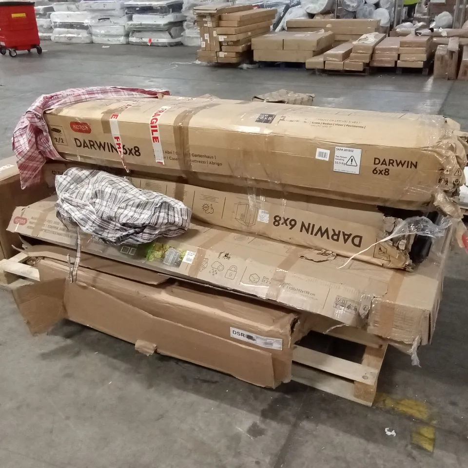 PALLET OF ASSORTED INCOMPLETE DESIGNER SHED PARTS AND PIECES 