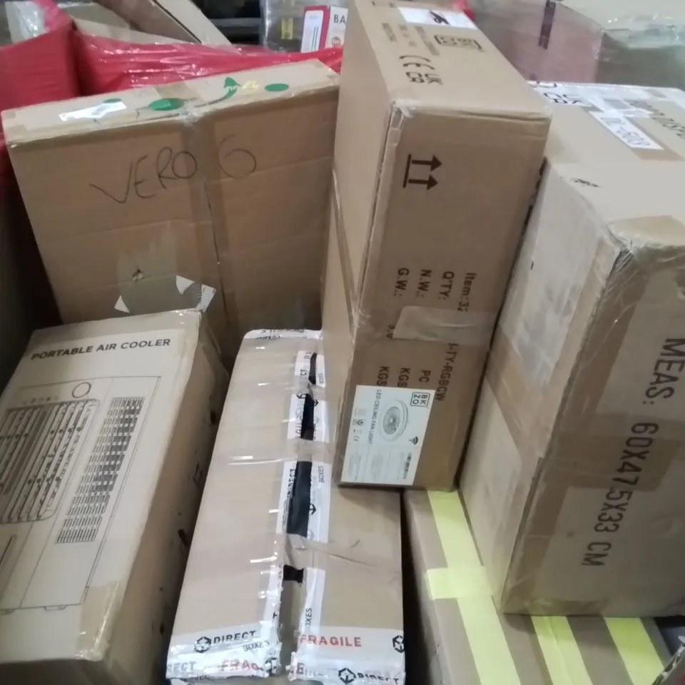 PALLET CONTAINING VARIOUS ASSORTED BOXED HOUSEHOLD ITEMS TO INCLUDE: AIR COOLER, CEILING FAN, FOOD DISPLAY WARMER AND LOTS MORE UNMARKED BOXED ITEMS 