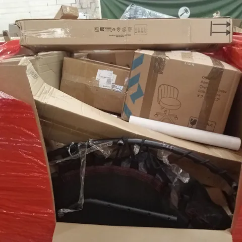 PALLET OF ASSORTED HOUSEHOLD GOODS AND PRODUCTS TO INCLUDE; TRAMPOLINE, OFFICE CHAIR, BOXED FURNITURE ETC