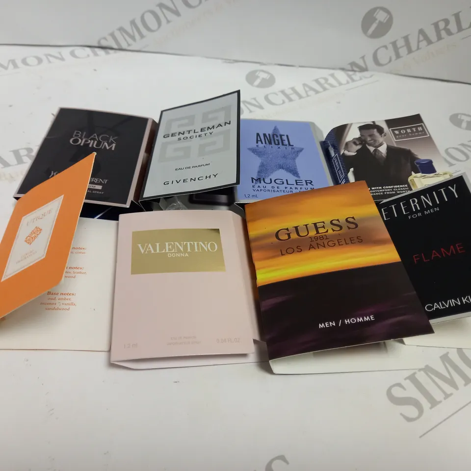 APPROXIMATELY 40 ASSORTED FRAGRANCE SAMPLES TO INCLUDE; MUGLER, CALVIN KLEIN, VALENTINO, GIVENCHY, YVES SAINT LAURENT AND GUESS