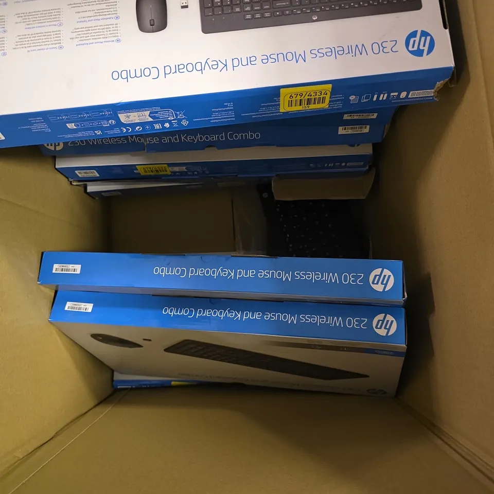 BOX OF APPROXIMATELY 15 ASSORTED HP ITEMS TO INCLUDE - 460 MULTI DEVICE BLUETOOTH KEYBOARD , 230 WIRELESS MOUSE & KEYBOARD COMBO 