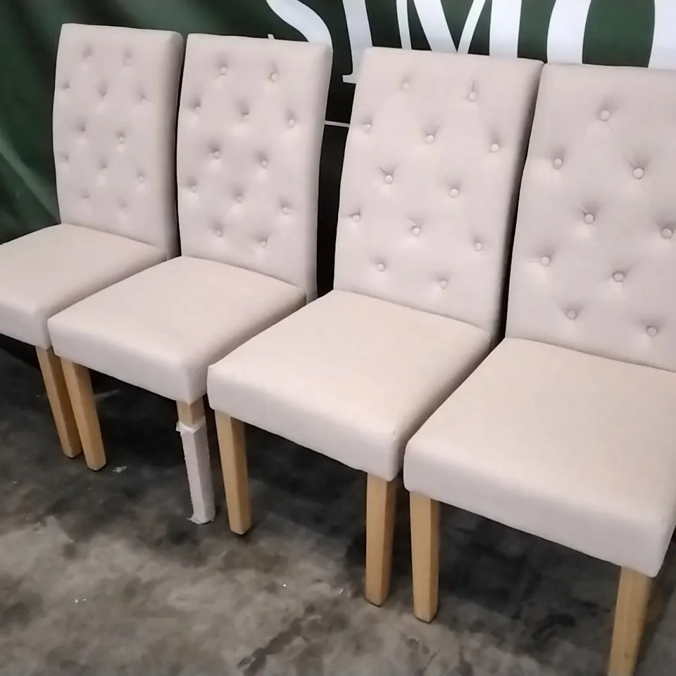 4 CREAM FABRIC BUTTONBACK DINING CHAIRS WITH WOODEN LEGS