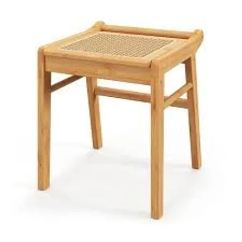 BOXED RATTAN TOP BAMBOO VANITY STOOL WITH ANTI-SLIP FOOT PADS - NATURAL