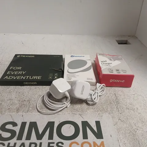 TOTE OF APPROXIMATELY 18 ASSORTED ITEMS TO INCLUDE WALL CHARGER, POWER SUPPLIES, CENHUFO PHONE CASE, DEXNOR PHONE CASE ETC