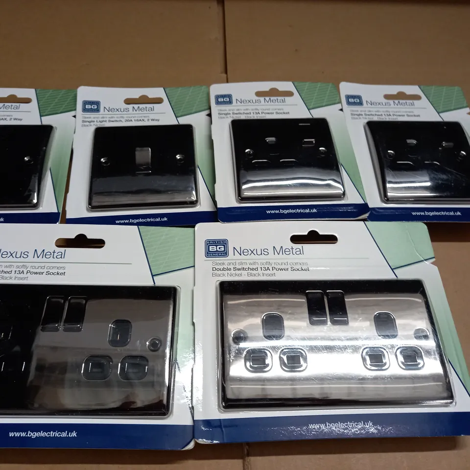 LOT OF 6 NEXUS METAL SWITCHES AND SOCKETS TO INCLUDE DOUBLE SWITCHED 13A POWER SOCKETS - BLACK NICKEL