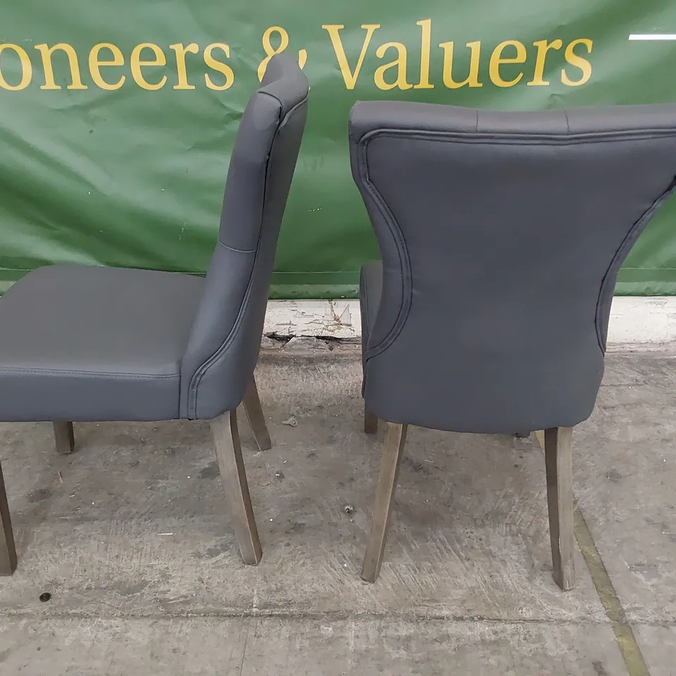 SET OF FOUR UPHOLSTERED BUTTONED BACK DINING CHAIRS GREY PU ON SILVERED WOOD LEGS 