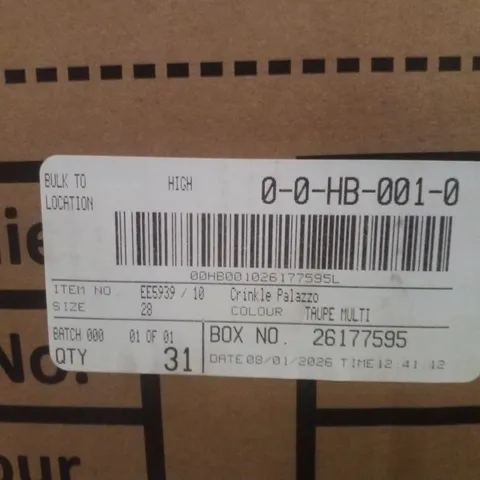 BOXED APPROXIMATELY 31 JD WILLIAM'S CRINKLE PALAZZO TAUPE MULTI
