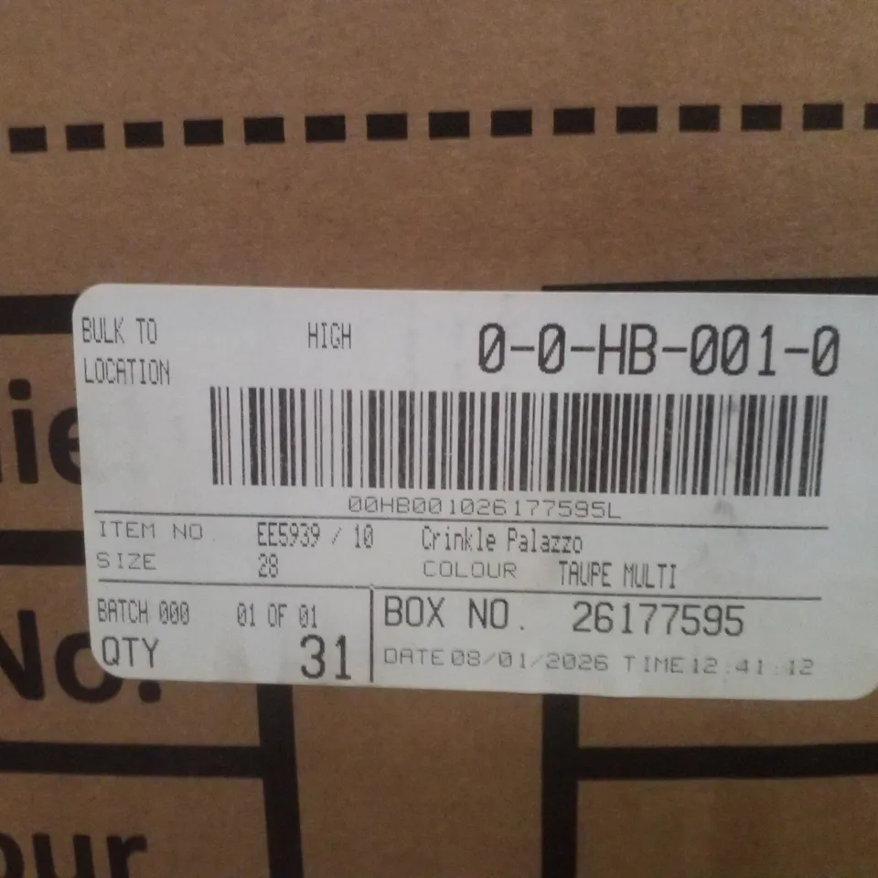 BOXED APPROXIMATELY 31 JD WILLIAM'S CRINKLE PALAZZO TAUPE MULTI