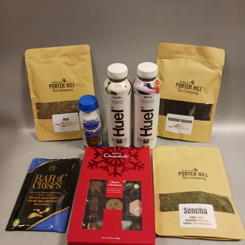 APPROXIMATELY 10 ASSORTED FOOD/DRINK PRODUCTS TO INCLUDE PORTER HILL TEA, HUEL MEAL DRINKS, HOTEL CHOCOLAT CLASSIC CHRISTMAS SELECTION ETC