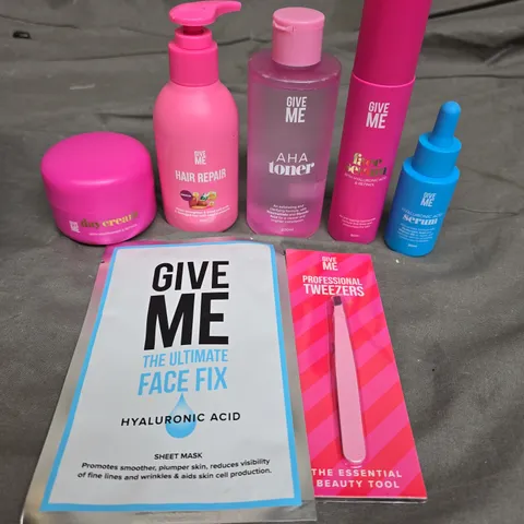 APPROX 7 ASSORTED GIVE ME PRODUCTS TO INCLUDE DAY CREAM, AHA TONER, FACE SERUM, ETC