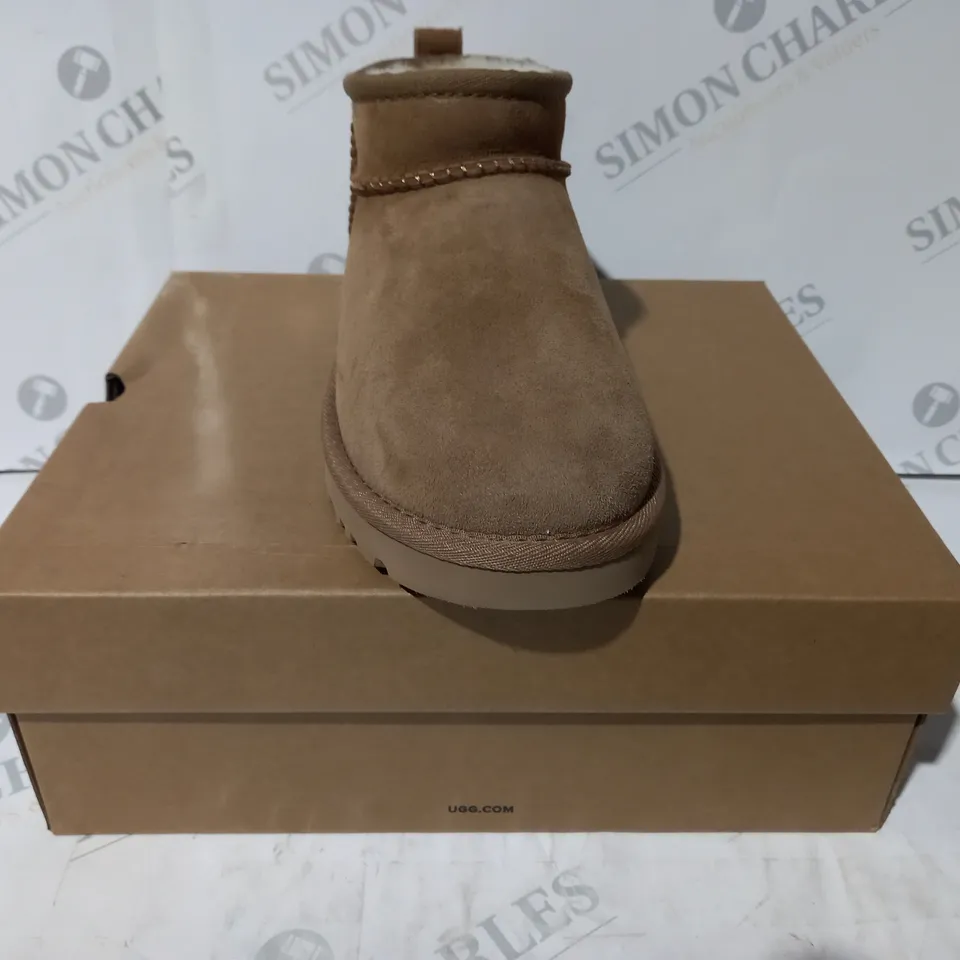 BOXED PAIR OF UGG CLASSIC ULTRA MINI SHOES IN TAN UK SIZE 4