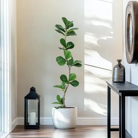 BOXED GARVEE 1.5 M (5 FT) ARTIFICIAL FIDDLE LEAF FIG TREE IN BLACK PLASTIC POT, LIFELIKE FAUX PLANT FOR HOME, OFFICE, LIVING ROOM, AND PATIO DECORATION