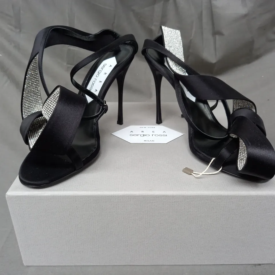 BOXED PAIR OF AREA SERIO ROSSI OPEN TOE HIGH HEELS IN BLACK W. JEWEL EFFECT EU SIZE 39.5