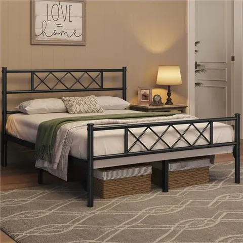 BOXED MODERN METAL BED FRAME WITH CROSS-DESIGN HEADBOARD & FOOTBOARD YAHEETECH
