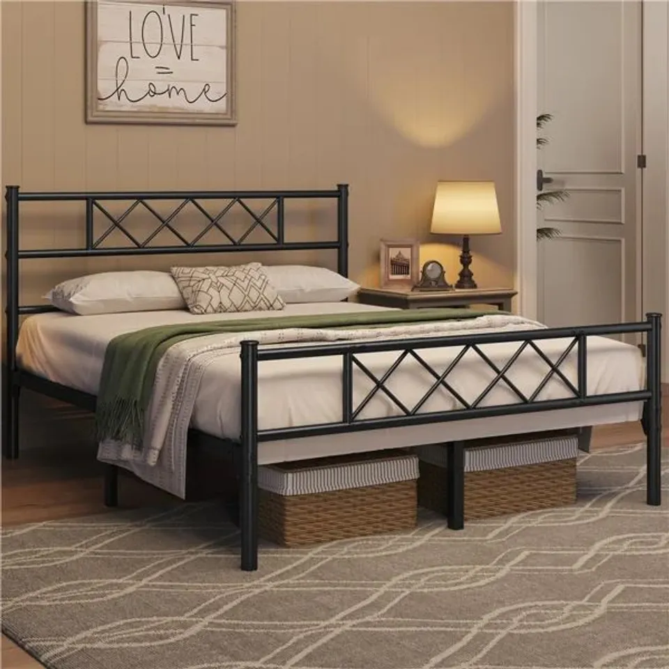 BOXED MODERN METAL BED FRAME WITH CROSS-DESIGN HEADBOARD & FOOTBOARD YAHEETECH