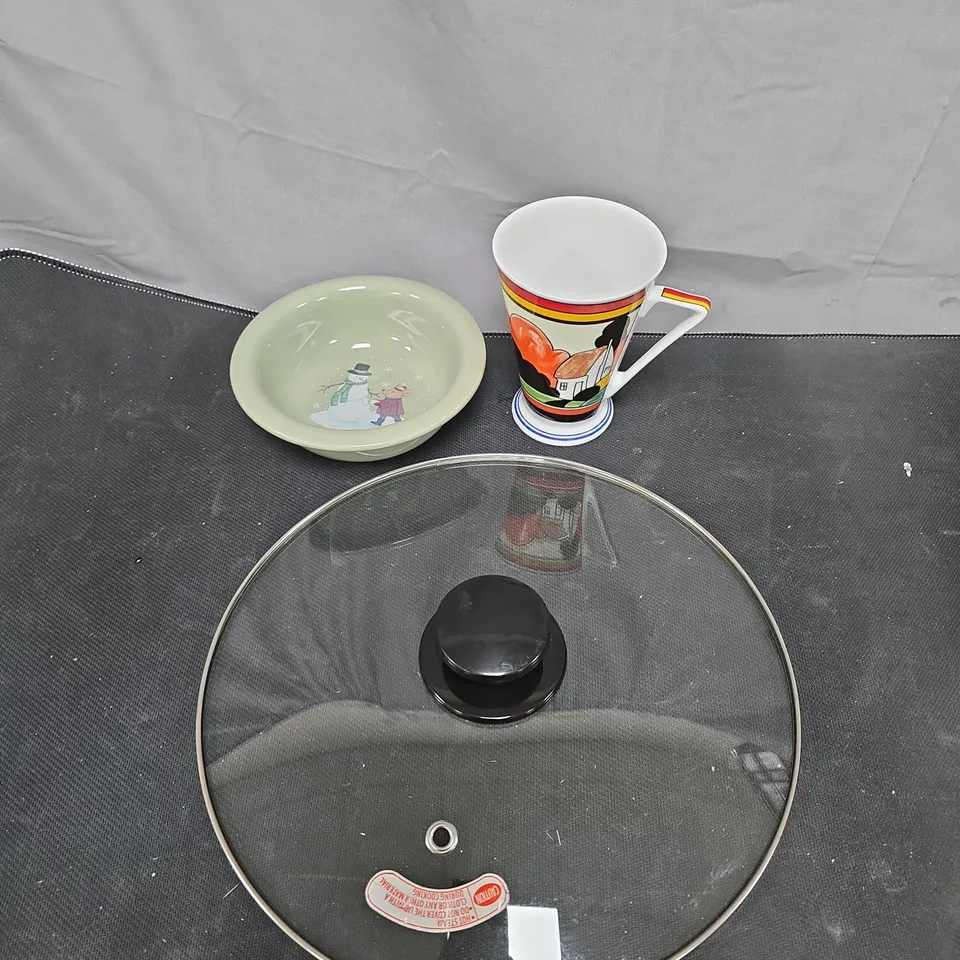 LOT OF APPROXIMATELY 20 ASSORTED POTTERY ITEMS TO INCLUDE MUG, PLATES AND PAN LIDS ETC