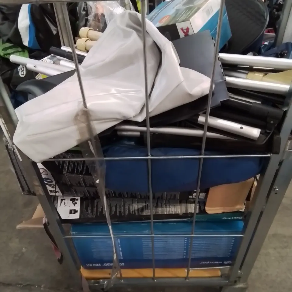 CAGE OF UNTESTED ASSORTED INFLATABLE KAYAKS AND ACCESSORIES 