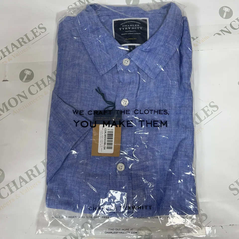 CHARLES TYRWHITT BAGGED CLASSIC FIT SHORT SLEEVE LINEN SHIRT IN BLUE SIZE L