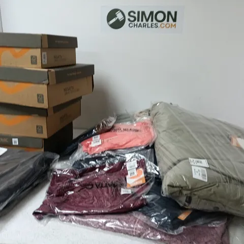 BOX OF APPROXIMATELY 18 BRAND NEW ASSORTED REGATTA CLOTHING AND FOOTWEAR ITEMS IN VARIOUS STYLES , COLOURS AND SIZES INCLUDING RHODO COAT , DAIRY TROUSER AND FINGEL T SHIRT