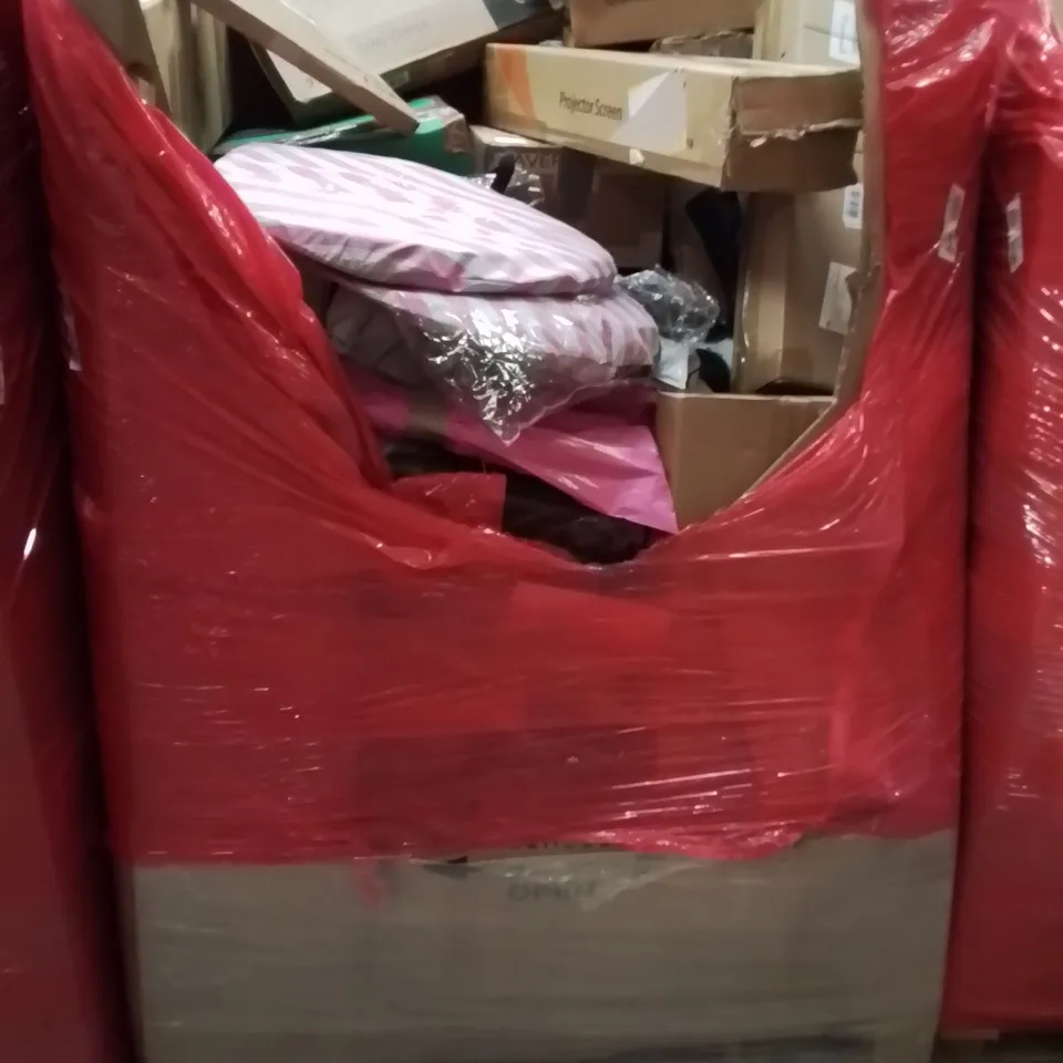 PALLET CONTAINING VARIOUS ASSORTED HOUSEHOLD ITEMS TO INCLUDE: TANNING TENTS, PROJECTOR SCREEN, LAPTOP LAP DESK, BALLOON PARTY ARCH, FOOT SPA, MEAT AND BONE SAW AND LOTS MORE UNMARKED BOXED ITEMS 