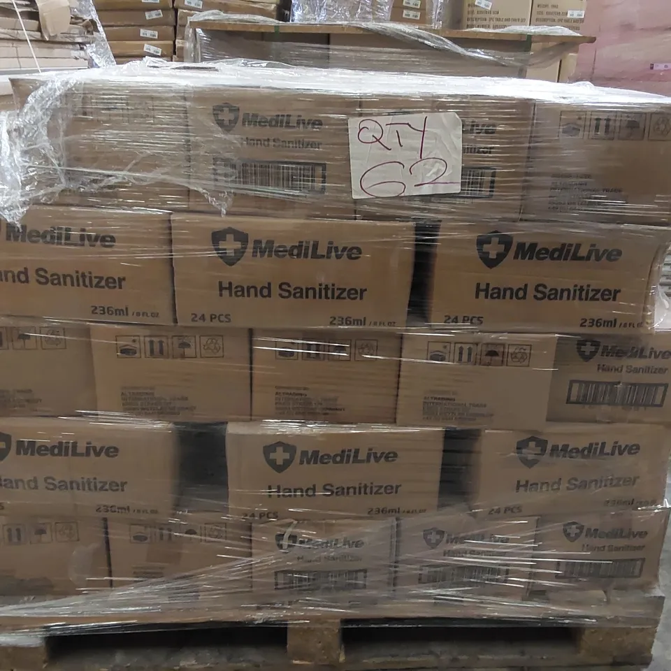 PALLET TO CONTAIN A LARGE QUANTITY OF MEDILIVE HAND SANITIZER, APPROXIMATELY 55 BOXES OF 24x 236ML BOTTLES